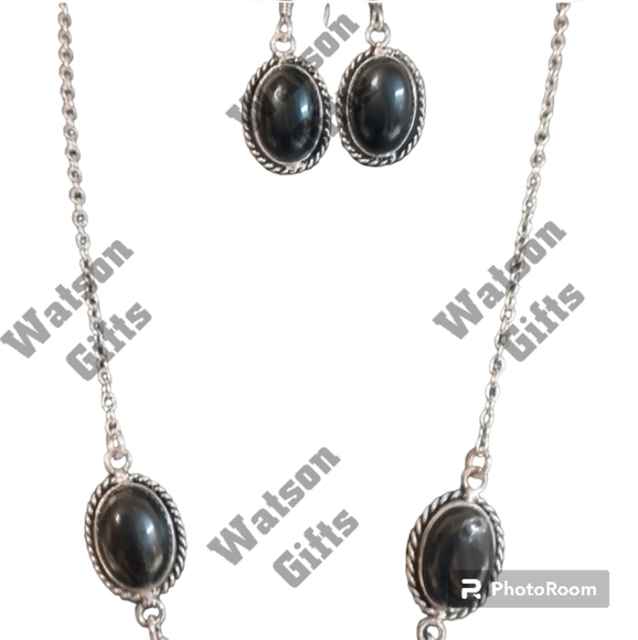 COPY - NWOT Genuine Black Onyx Silver Overlay Necklace With Matching Earrings - Picture 3 of 3